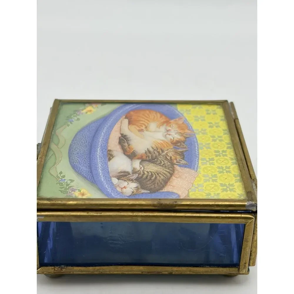 Vtg Via Vermont Stained Glass & Brass Mirrored Sleeping Cats Jewelry Trinket Box